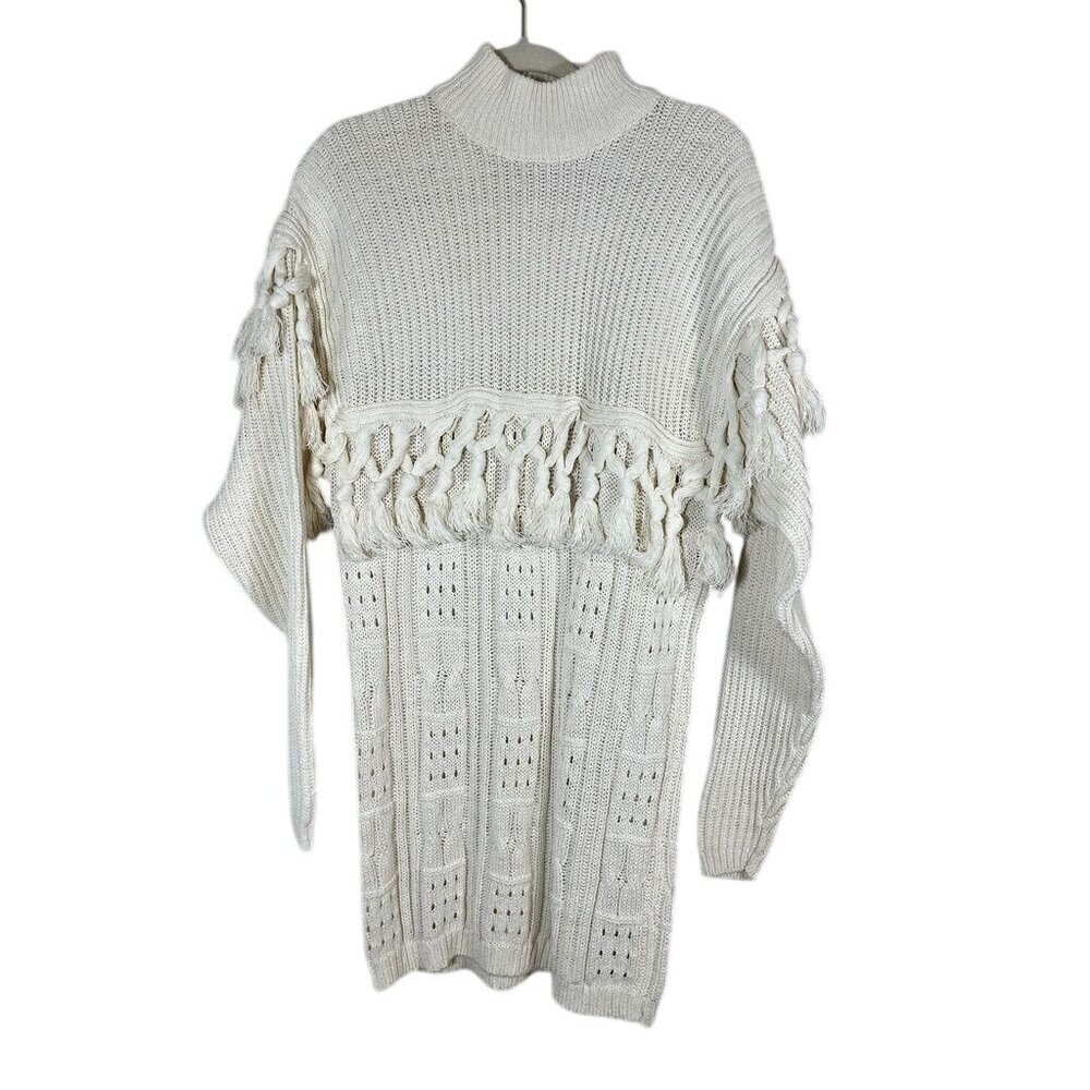 Vintage Cable Knit Fringe Sweater‎ L Cream Tassel Neutral Retro Classic Chic 80s